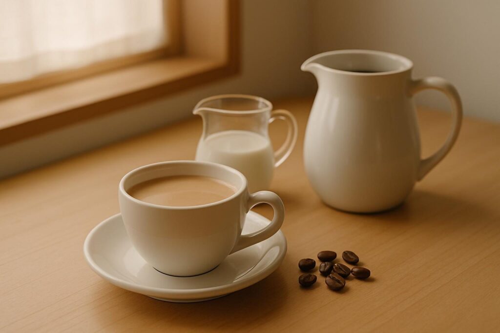 白いカップに注がれたカフェオレとミルクピッチャー、コーヒー豆