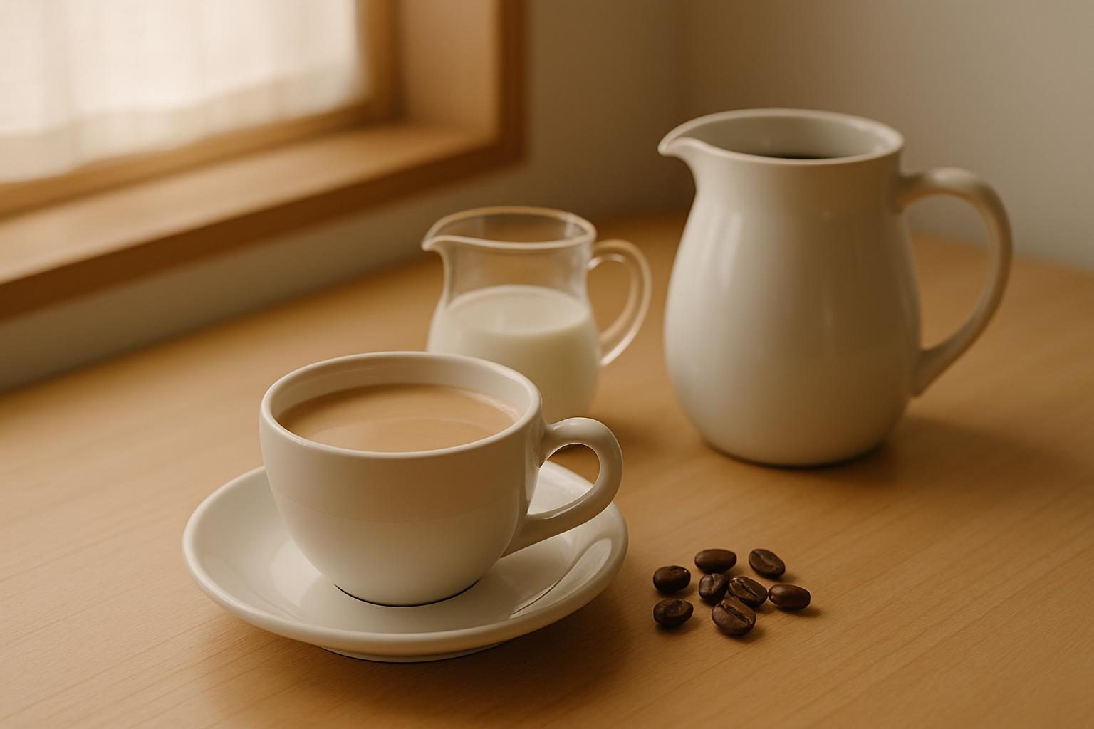 白いカップに注がれたカフェオレとミルクピッチャー、コーヒー豆