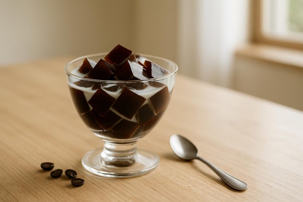 グラスに盛られたコーヒーゼリーとミルク、スプーンとコーヒー豆
