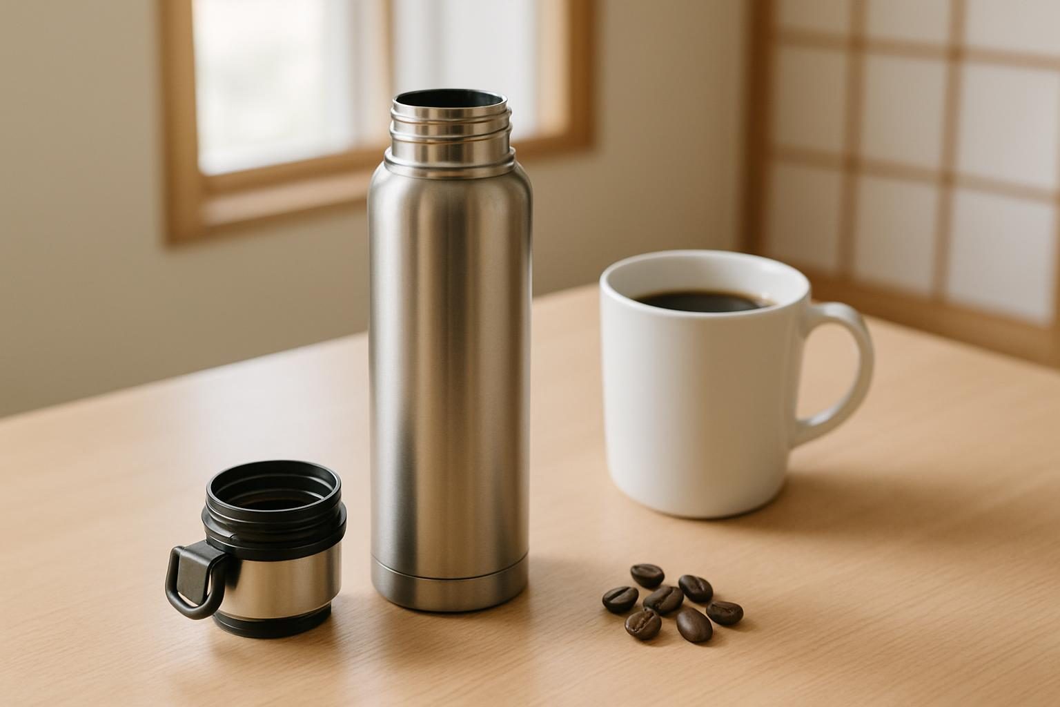 ステンレス水筒とコーヒーの入ったマグカップ、コーヒー豆