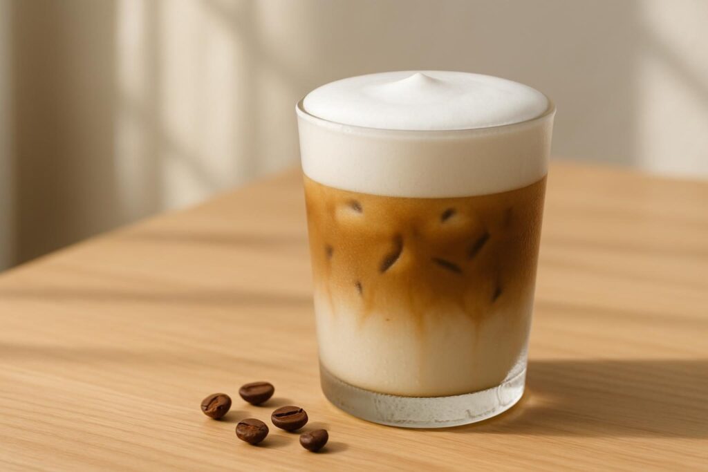 グラスに注がれたアイスカプチーノとコーヒー豆
