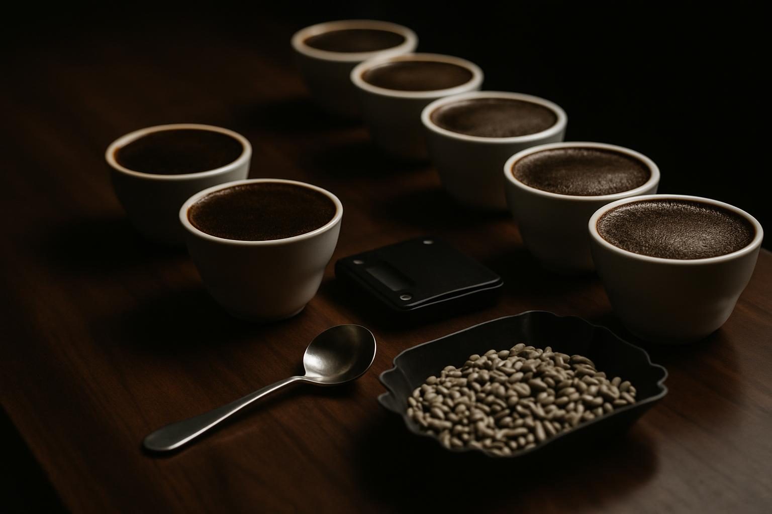 カッピング用のカップが並ぶコーヒーの品質評価テーブルと生豆