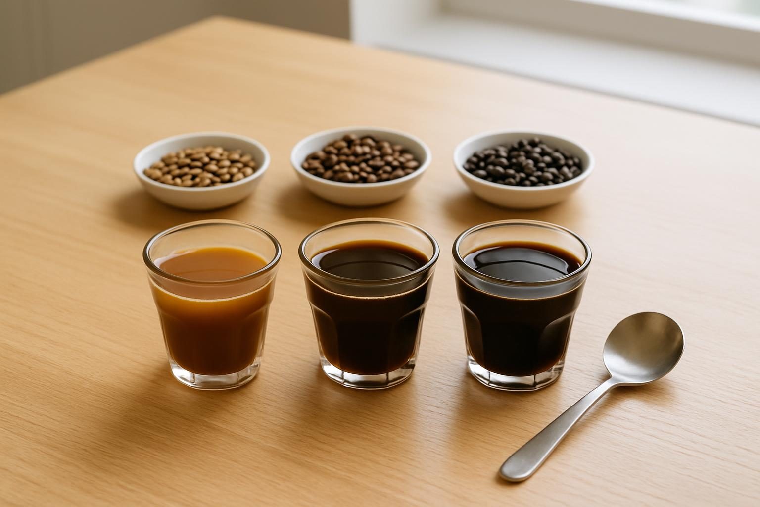 焙煎度の違う3杯のコーヒーと豆を並べた飲み比べのテーブル