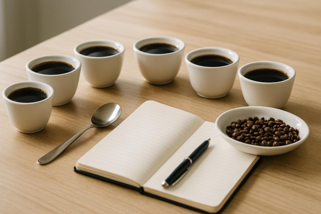 複数のカップに注がれたコーヒーとカッピングスプーン、ノートとコーヒー豆