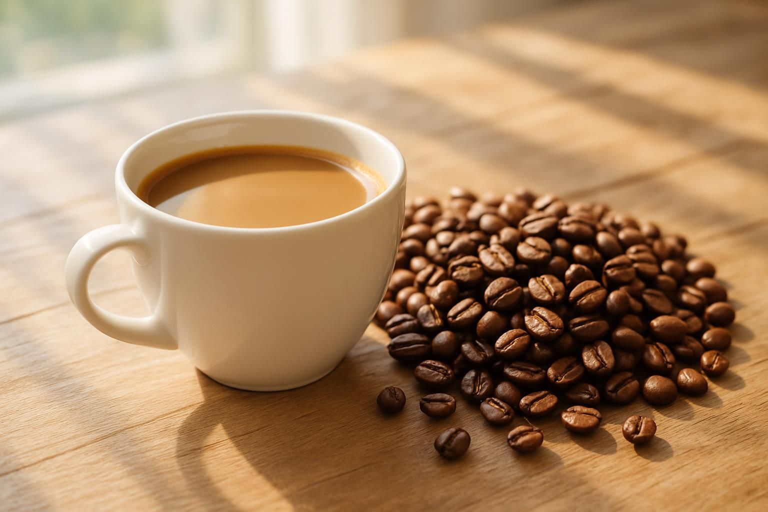 ブラジルコーヒーのヒーロー写真、白いカップに注がれたまろやかなコーヒーと焙煎豆、木のテーブル、朝の明るい光、横長構図、みずみずしく上品な雰囲気、人物や手は写さない、文字やロゴは一切なし