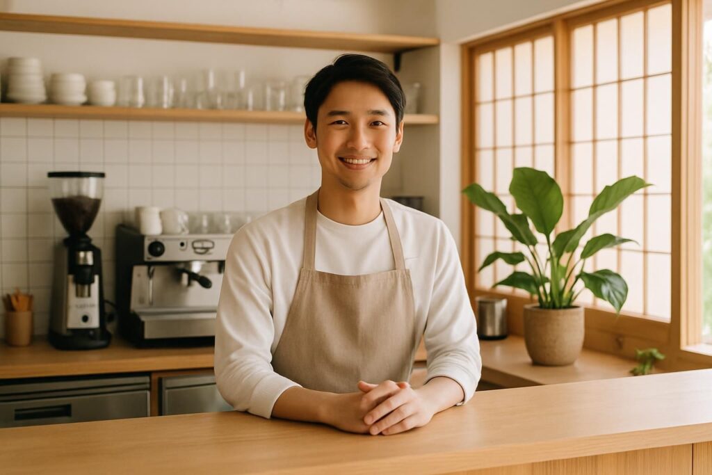 和モダンで明るいカフェのカウンターに立つ日本人男性のオーナー、木の質感と観葉植物のある清潔感のある店内、自然光、横長構図、写真、文字やロゴは一切なし