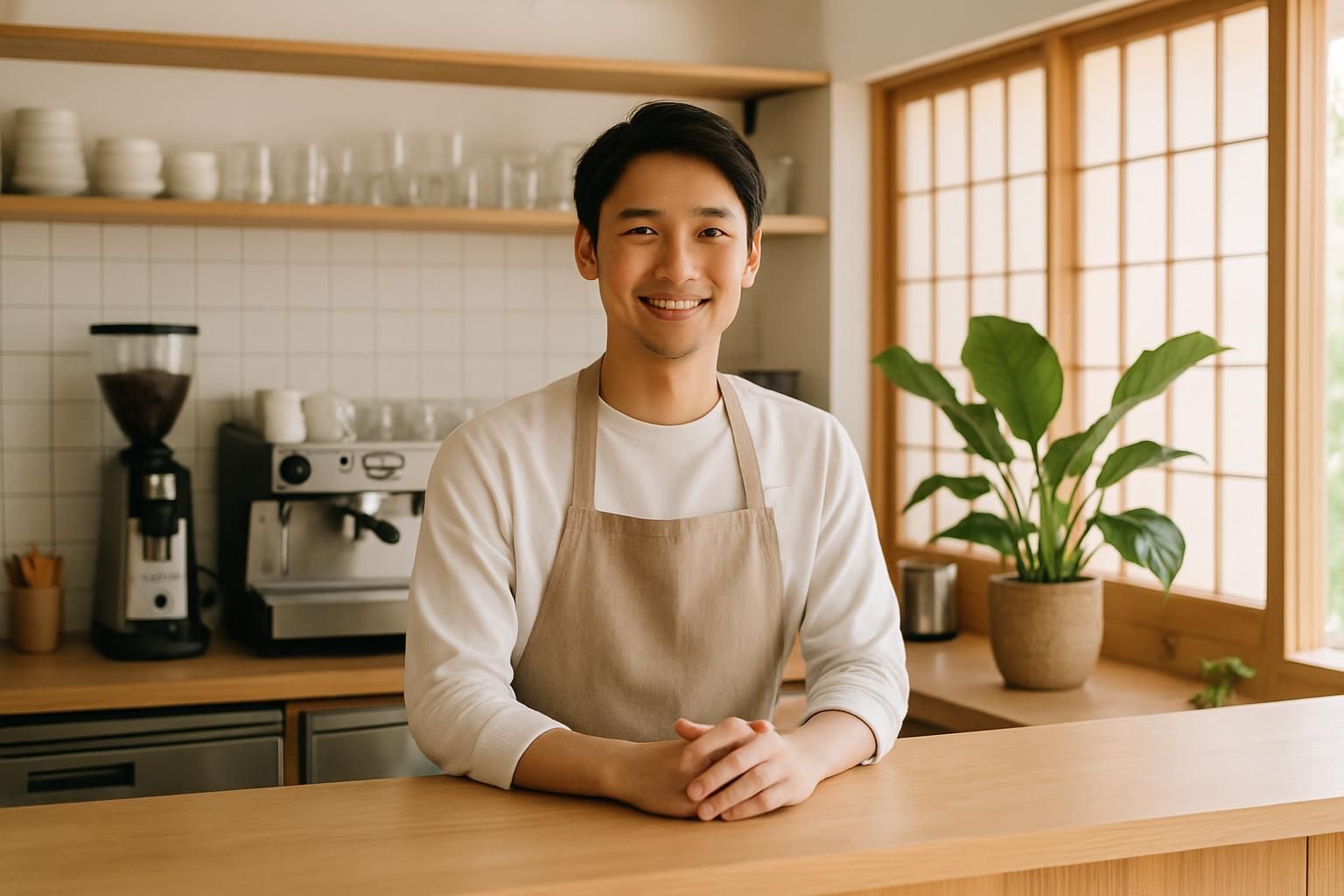和モダンで明るいカフェのカウンターに立つ日本人男性のオーナー、木の質感と観葉植物のある清潔感のある店内、自然光、横長構図、写真、文字やロゴは一切なし