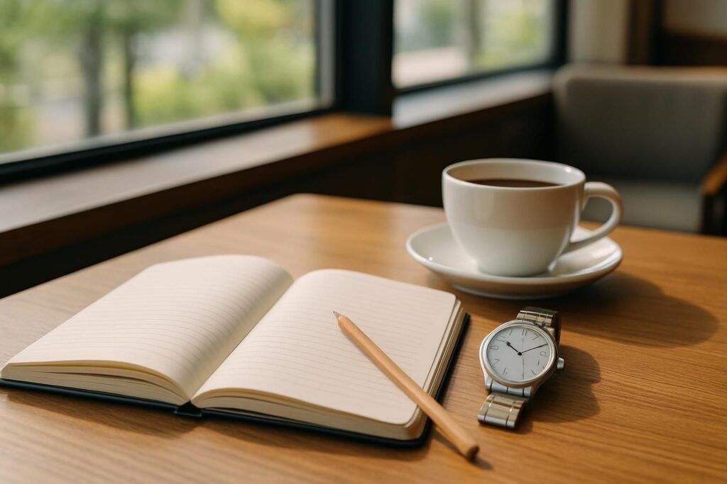 カフェで勉強する時間をテーマにしたヒーロー写真、木のテーブルに置かれた開いたノートと腕時計とコーヒーカップ、明るい窓辺の自然光、横長構図、落ち着いた雰囲気、人物や手は写さない、文字やロゴは一切なし