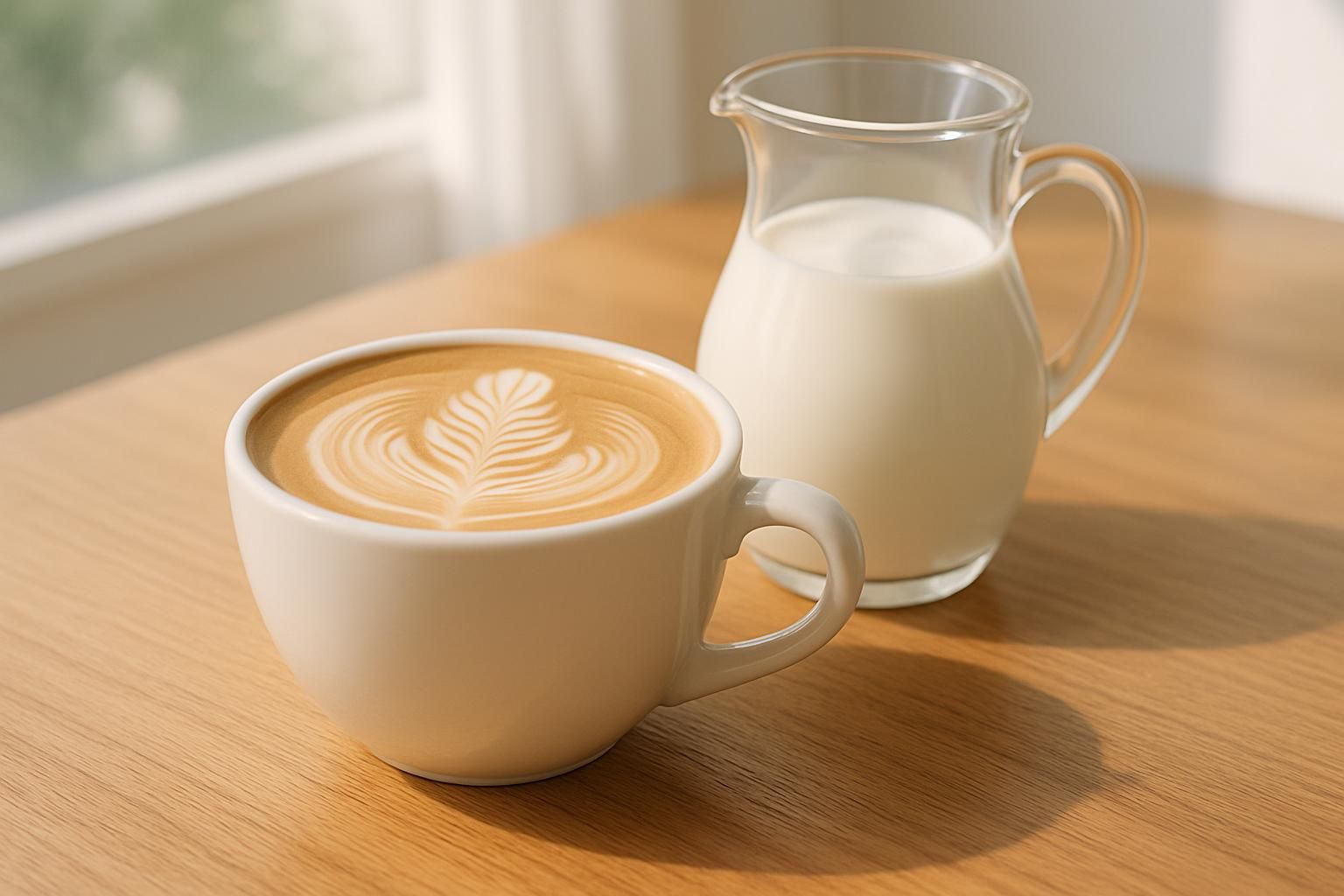カフェラテのヒーロー写真、白いカップに注がれたなめらかなカフェラテとガラスピッチャーに入った牛乳、木のテーブル、朝の明るく清潔感のある光、横長構図、みずみずしい雰囲気、人物や手は写さない、文字やロゴは一切なし