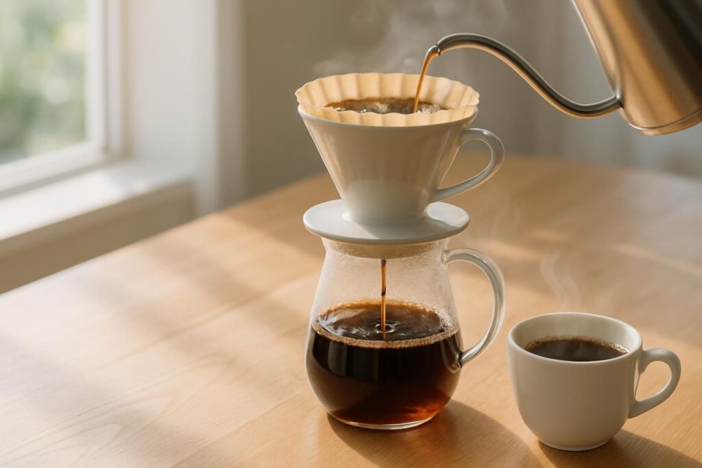 ハンドドリップで淹れるコーヒーのヒーロー写真、ドリッパーから一杯のカップに落ちるコーヒー、立ちのぼる湯気、木のテーブル、朝の柔らかな光、横長構図、みずみずしく清潔感のある雰囲気、人物や手は写さない、文字やロゴは一切なし
