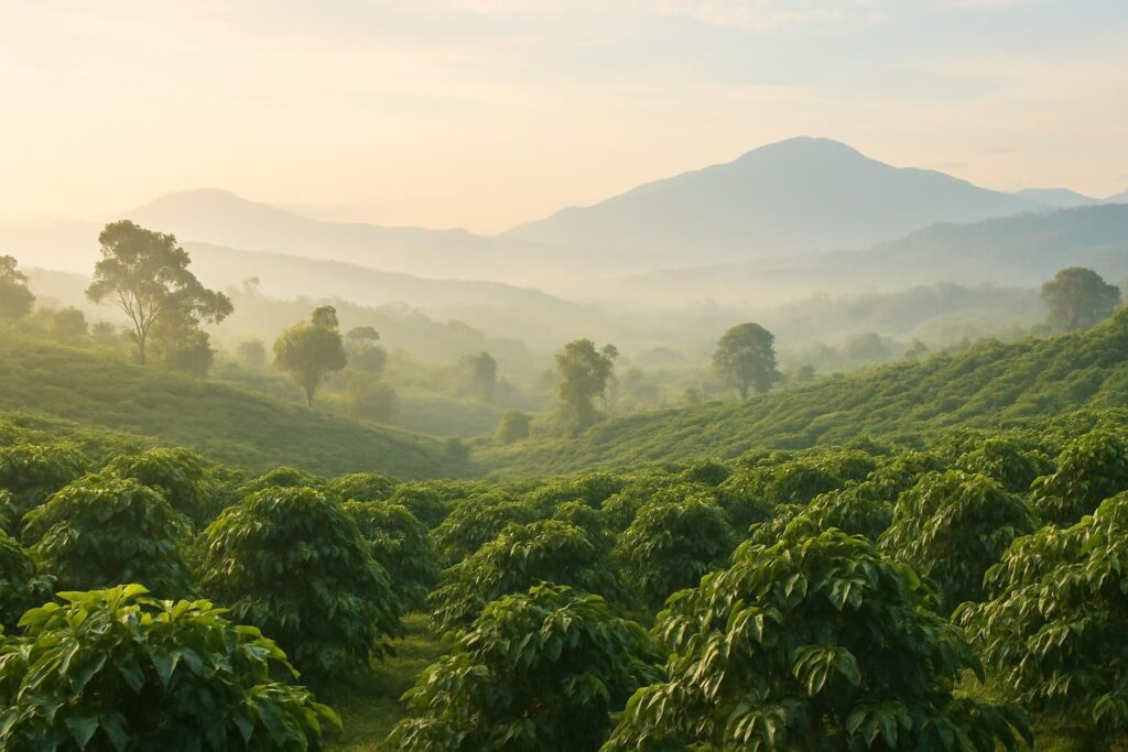 赤道付近の熱帯の丘陵に広がるコーヒー農園のパノラマ、朝もやと柔らかな光、遠くに山並み、横長のヒーロー構図、みずみずしく清潔感のある雰囲気、文字やロゴは一切なし