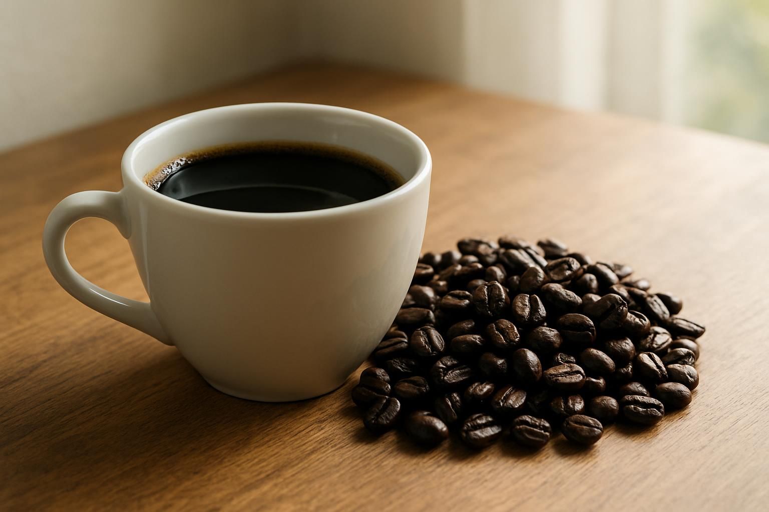 コーヒーの苦味を表すヒーロー写真、白いカップに注がれた濃いブラックコーヒーと深煎りの焙煎豆、木のテーブル、朝の明るく落ち着いた光、横長構図、静かで整った雰囲気、人物や手は写さない、文字やロゴは一切なし