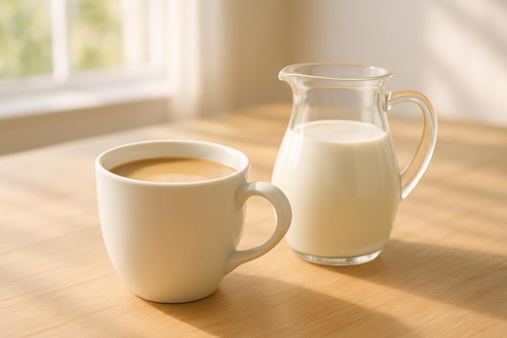カフェオレのヒーロー写真、白いカップに入ったミルク色のコーヒーと、そばに牛乳の入ったガラスピッチャー、木のテーブル、朝の明るくやさしい光、横長構図、みずみずしく清潔感のある雰囲気、人物や手は写さない、文字やロゴは一切なし