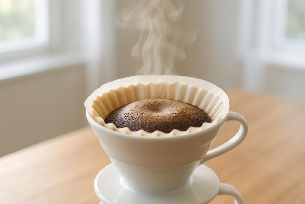 コーヒーの蒸らしのヒーロー写真、ドリッパーの中でふっくら膨らんだコーヒー粉と立ちのぼる湯気、木のテーブル、朝の明るく静かな光、横長構図、清潔感のある雰囲気、人物や手は写さない、文字やロゴは一切なし