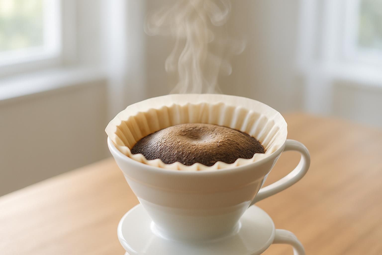 コーヒーの蒸らしのヒーロー写真、ドリッパーの中でふっくら膨らんだコーヒー粉と立ちのぼる湯気、木のテーブル、朝の明るく静かな光、横長構図、清潔感のある雰囲気、人物や手は写さない、文字やロゴは一切なし