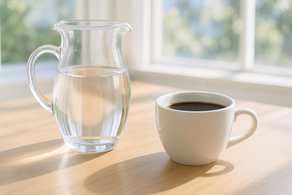 コーヒーと水のヒーロー写真、透明なガラスピッチャーに入った澄んだ水と白いカップのコーヒー、木のテーブル、朝の明るく澄んだ光、横長構図、みずみずしく清潔感のある雰囲気、人物や手は写さない、文字やロゴは一切なし