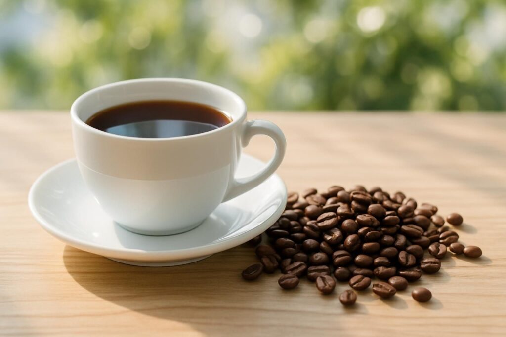 コスタリカコーヒーのヒーロー写真、白いカップに注がれた澄んだコーヒーと焙煎豆、木のテーブル、朝の明るく爽やかな光、横長構図、みずみずしく清潔感のある雰囲気、人物や手は写さない、文字やロゴは一切なし