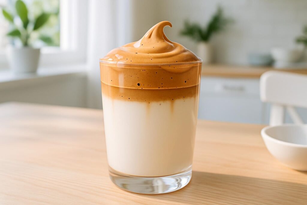 冷たいミルクの上にふわふわのコーヒークリームをのせた二層のダルゴナコーヒーのアップ、明るく爽やかなおうちカフェ、横長のヒーロー構図、みずみずしい、文字やロゴは一切なし