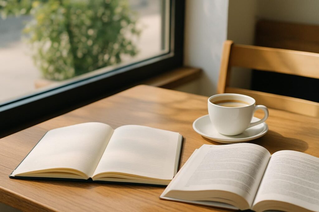 カフェで勉強するイメージのヒーロー写真、木のテーブルに置かれた開いたノートと参考書、コーヒーカップ、明るい窓辺の自然光、横長構図、落ち着いた雰囲気、人物や手は写さない、文字やロゴは一切なし