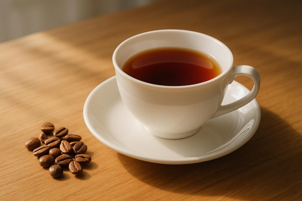 ゲイシャコーヒーのヒーロー写真、白く上品なカップに注がれた澄んだ琥珀色のコーヒーと少量の焙煎豆、木のテーブル、朝の明るく上品な光、横長構図、洗練された高級感のある雰囲気、人物や手は写さない、文字やロゴは一切なし