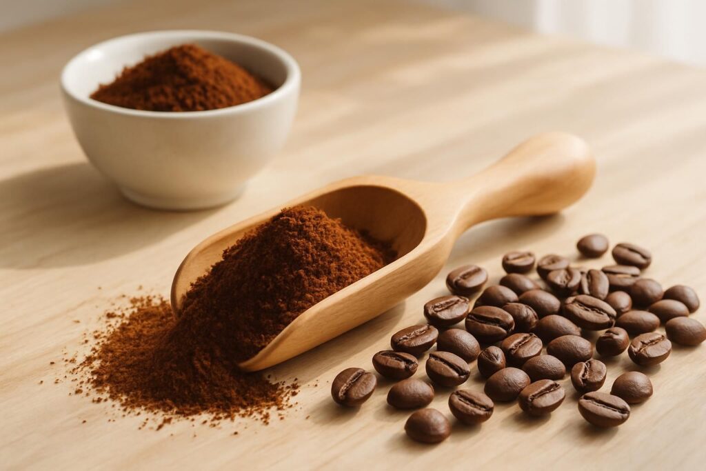 挽きたてのコーヒーの粉と焙煎豆、木製の計量スプーン、木のテーブル、朝の柔らかな光、横長のヒーロー構図、みずみずしく清潔感のある雰囲気、人物や手は写さない、文字やロゴは一切なし