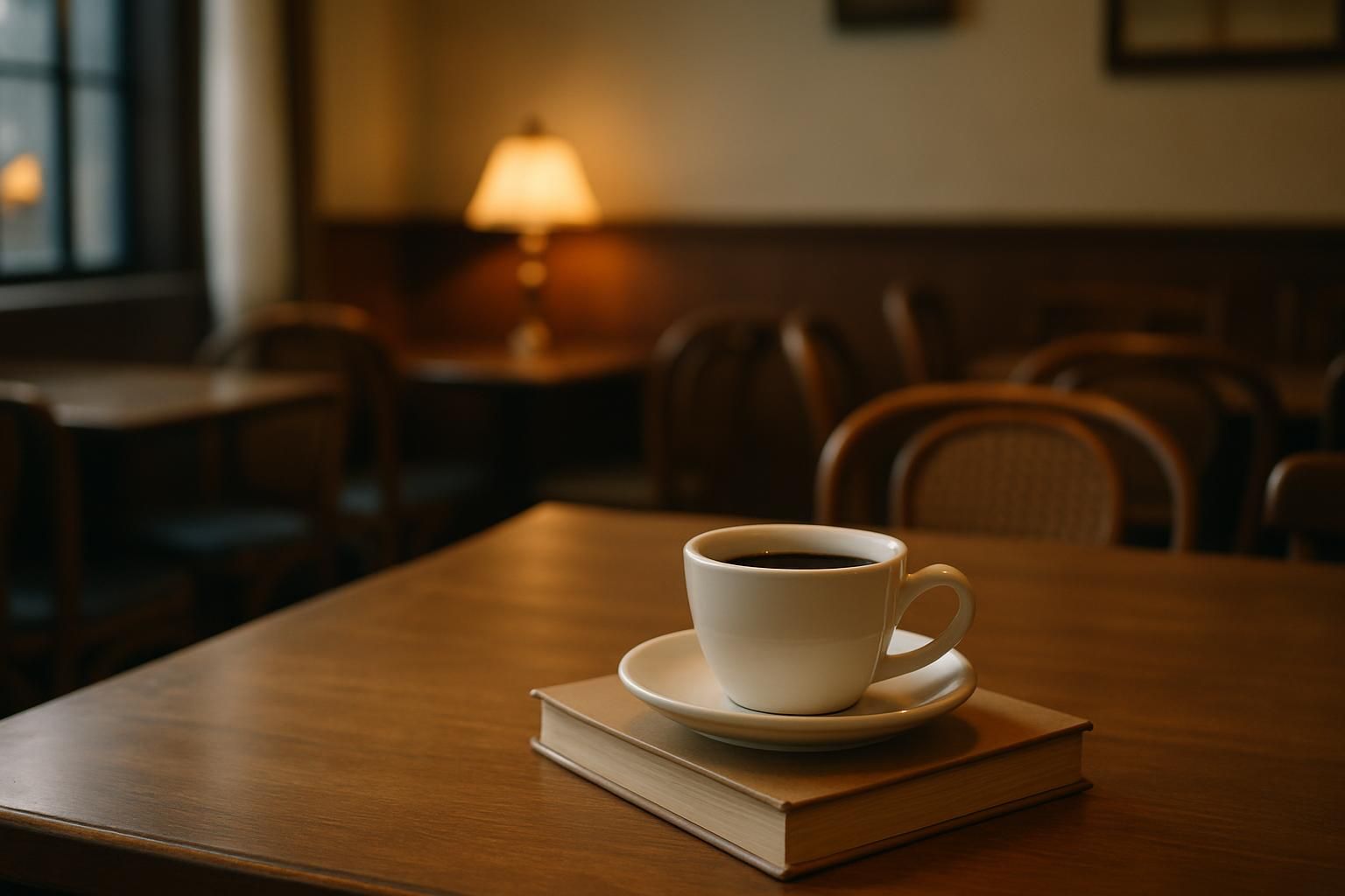 落ち着いた喫茶店のヒーロー写真、広い木製テーブルに置かれたコーヒーカップと重ねた本、レトロで暖かみのある照明、横長構図、静かな雰囲気、人物や手は写さない、文字やロゴは一切なし