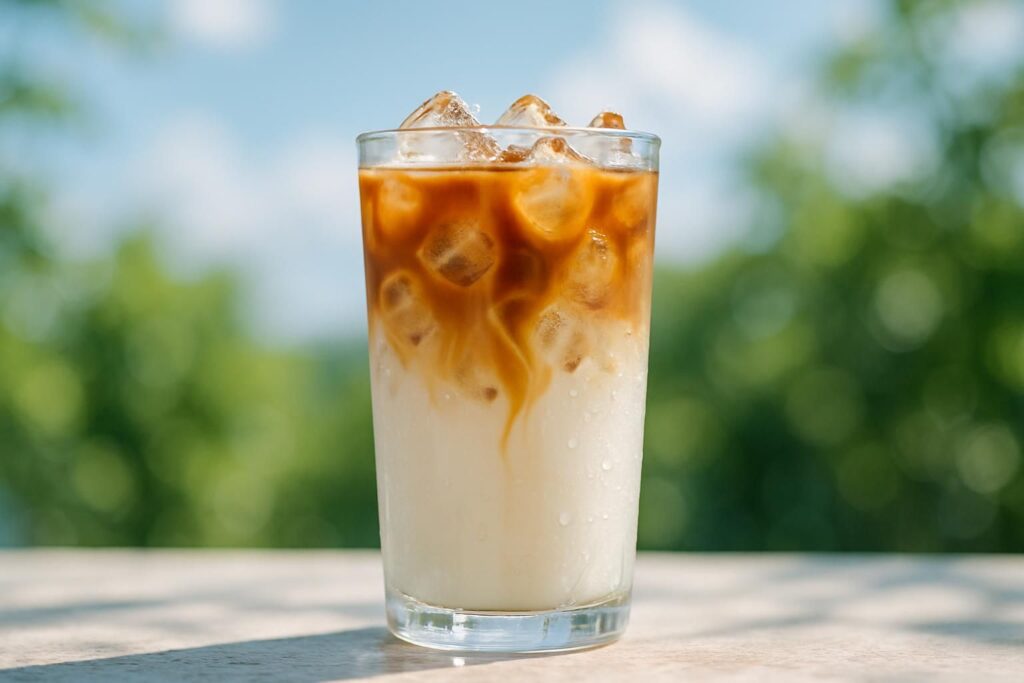 アイスカフェオレのヒーロー写真、背の高いグラスに白い牛乳とコーヒーがきれいな二層になった様子、氷とグラスの水滴、明るく涼しげな夏の光、横長構図、みずみずしく清潔感のある雰囲気、人物や手は写さない、文字やロゴは一切なし