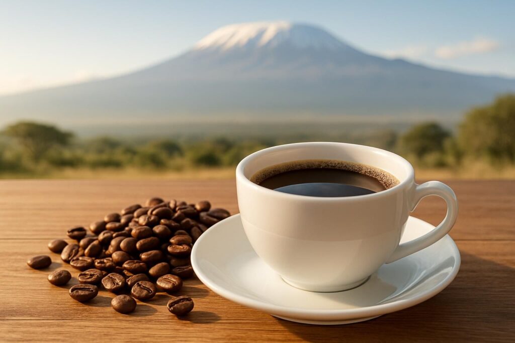 キリマンジャロコーヒーのヒーロー写真、白いカップに注がれたコーヒーと焙煎豆、木のテーブル、朝の柔らかな光、横長構図、みずみずしく上品な雰囲気、人物や手は写さない、文字やロゴは一切なし