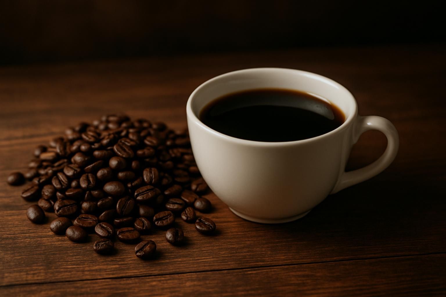 マンデリンコーヒーのヒーロー写真、濃いコーヒーを注いだ白いカップと深煎りのコーヒー豆、木のテーブル、落ち着いた温かみのある光、横長構図、重厚で上品な雰囲気、人物や手は写さない、文字やロゴは一切なし