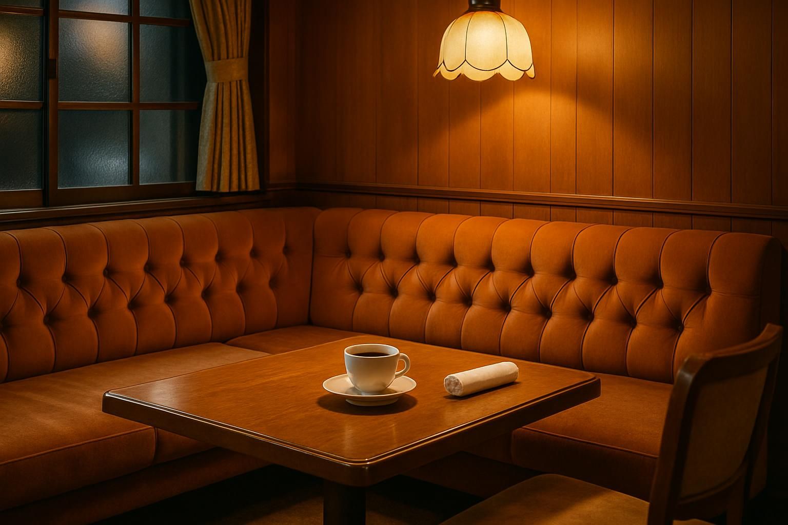 昭和レトロな喫茶店のヒーロー写真、広いソファ席と木製テーブル、コーヒーカップとおしぼり、落ち着いた照明、横長構図、重厚で落ち着いた雰囲気、人物や手は写さない、文字やロゴは一切なし