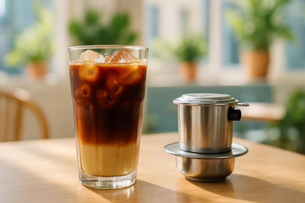 氷を入れたグラスの本格的なアイスベトナムコーヒー、練乳とコーヒーの層、隣に金属フィン、明るく爽やかな夏のカフェ、横長のヒーロー構図、みずみずしい、文字やロゴは一切なし