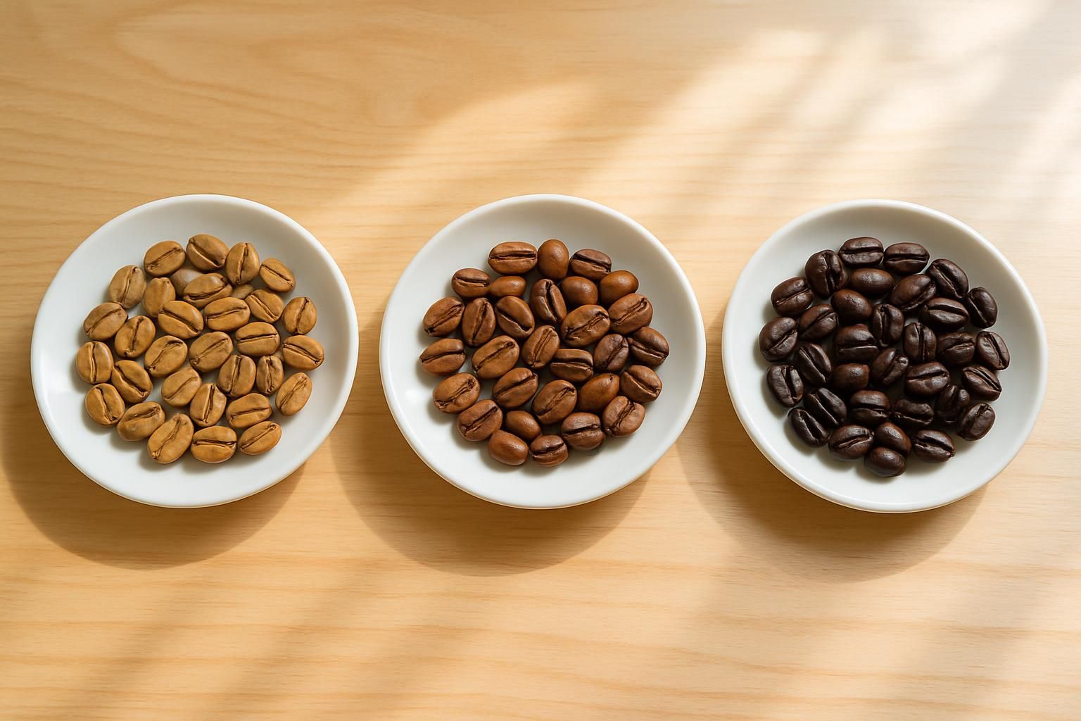 焙煎度の違う3種類のコーヒー豆を小皿に分けて並べた様子、木のテーブル、明るく爽やかな自然光、人物や手は写さない、文字やロゴは一切なし