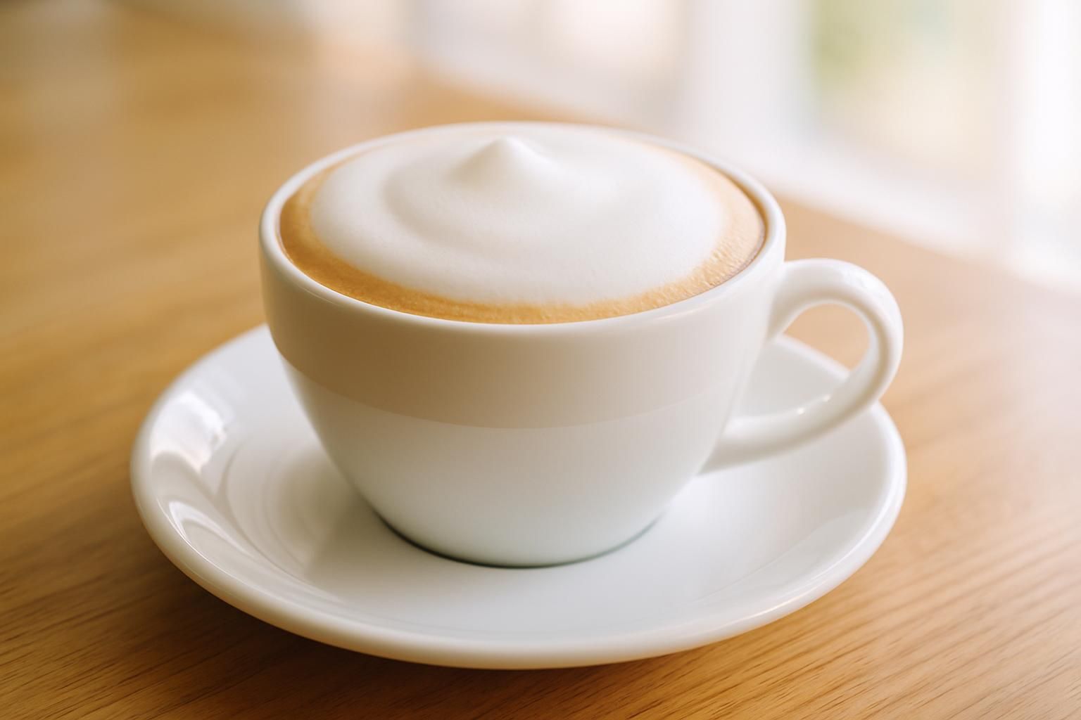 カプチーノのカップにのったふわふわのフォームドミルク、なめらかな泡の質感、木のテーブル、明るい自然光