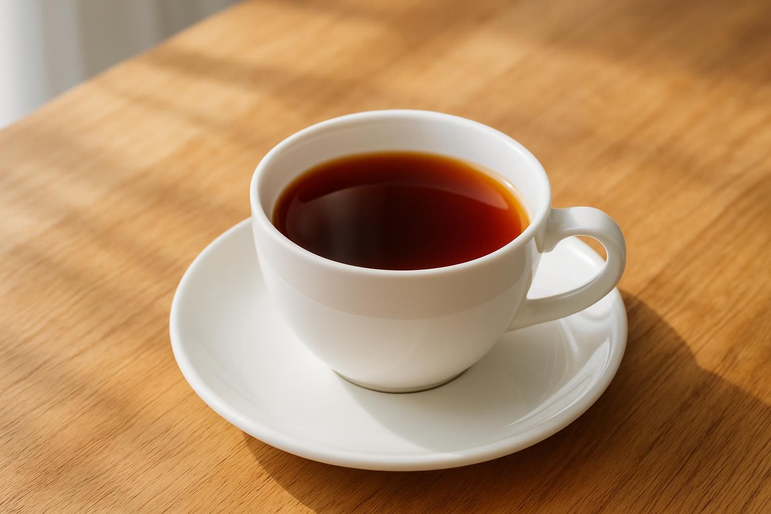 白いカップに注がれた澄んだ色合いのコーヒー、紅茶のような透明感、木のテーブル、明るく上品な自然光