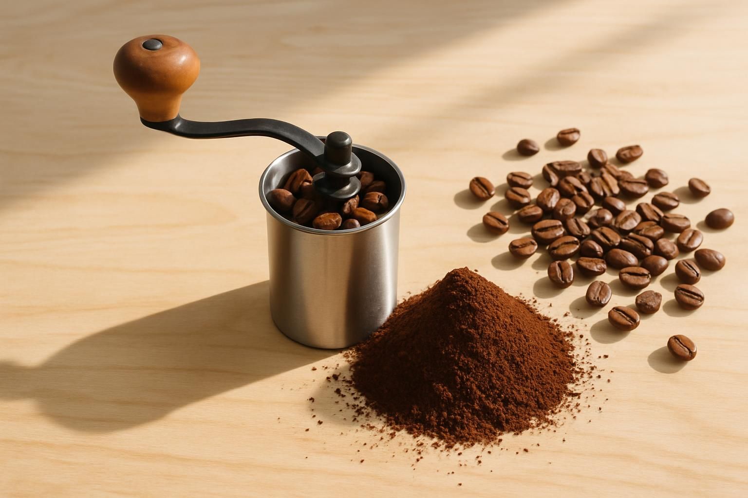 コーヒーミルと挽いたコーヒーの粉、そばに焙煎したコーヒー豆、木のテーブル、自然光
