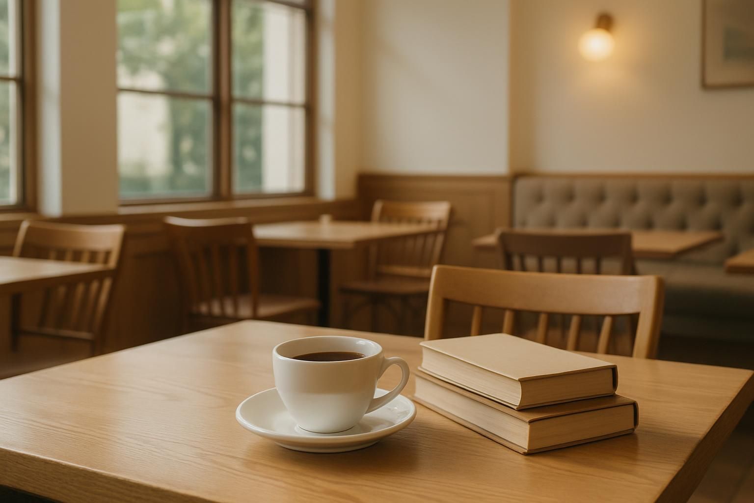 静かな喫茶店の広いテーブル席に置かれたコーヒーカップと重ねた本、落ち着いた午後の光、人物や手は写さない、文字やロゴは一切なし