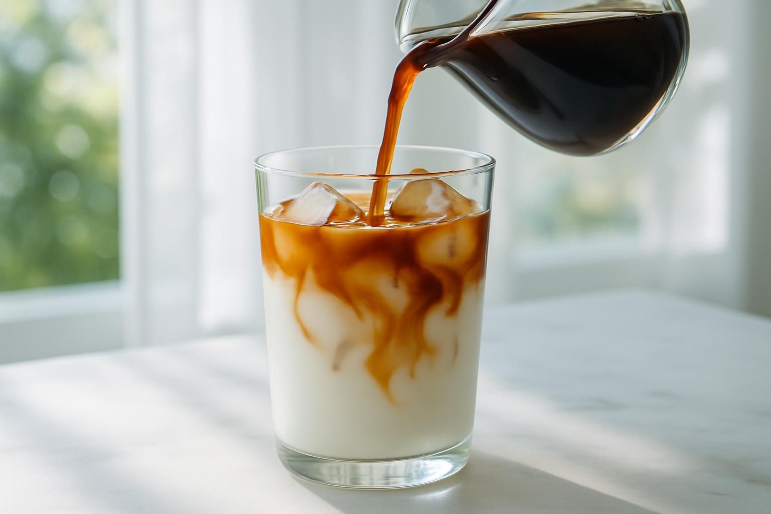 グラスに入った冷たい牛乳へコーヒーを静かに注ぐ瞬間、氷、二層になっていく様子、明るい自然光