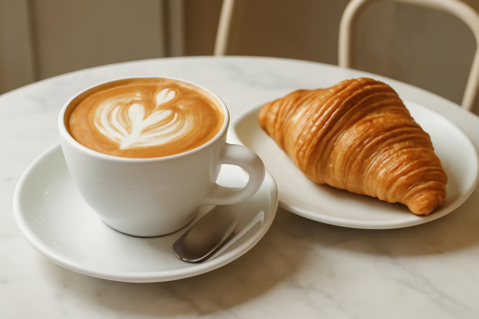 カプチーノとクロワッサンが並ぶイタリアの朝食の静物