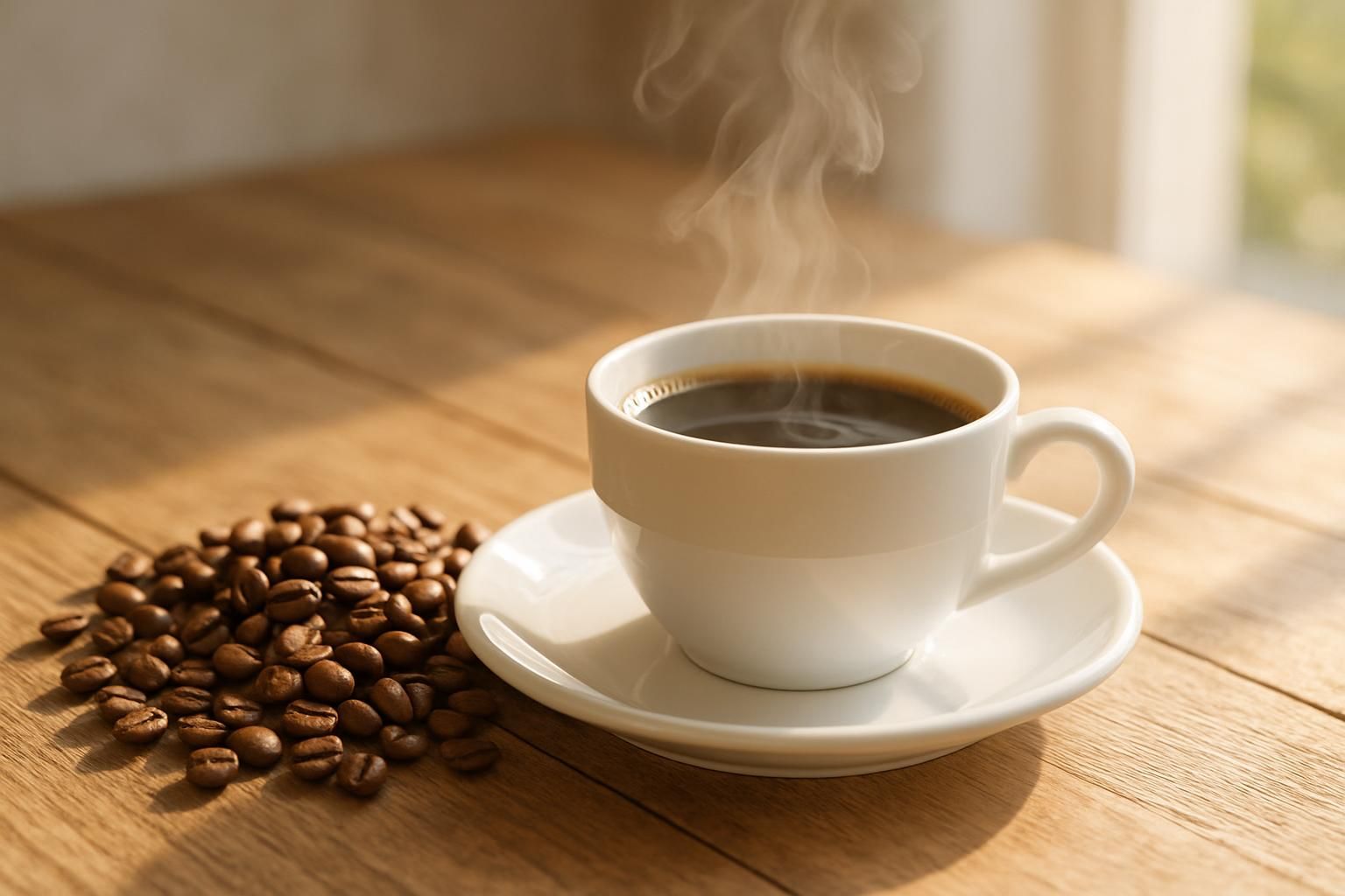 カップに注がれたコーヒー、湯気の立つ一杯、そばに焙煎豆、木のテーブル、自然光