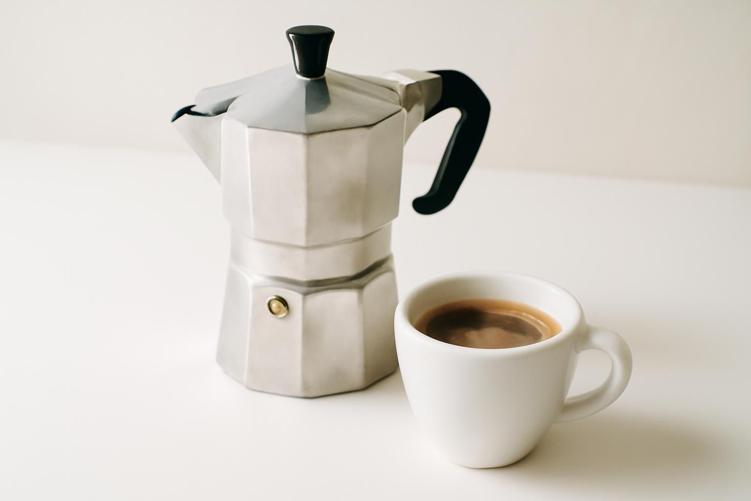 マキネッタと小さなコーヒーカップを並べた静物。器具と飲み物だけ