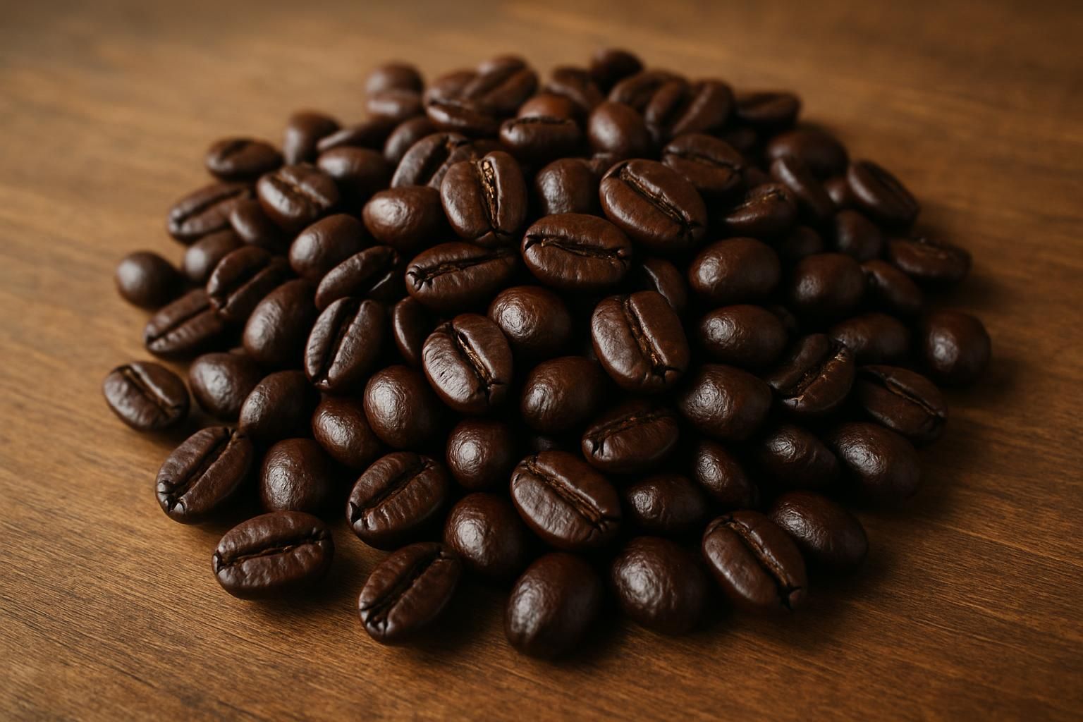 深煎りのマンデリンのコーヒー豆のアップ、濃い色艶のある豆、木のテーブル、落ち着いた自然光