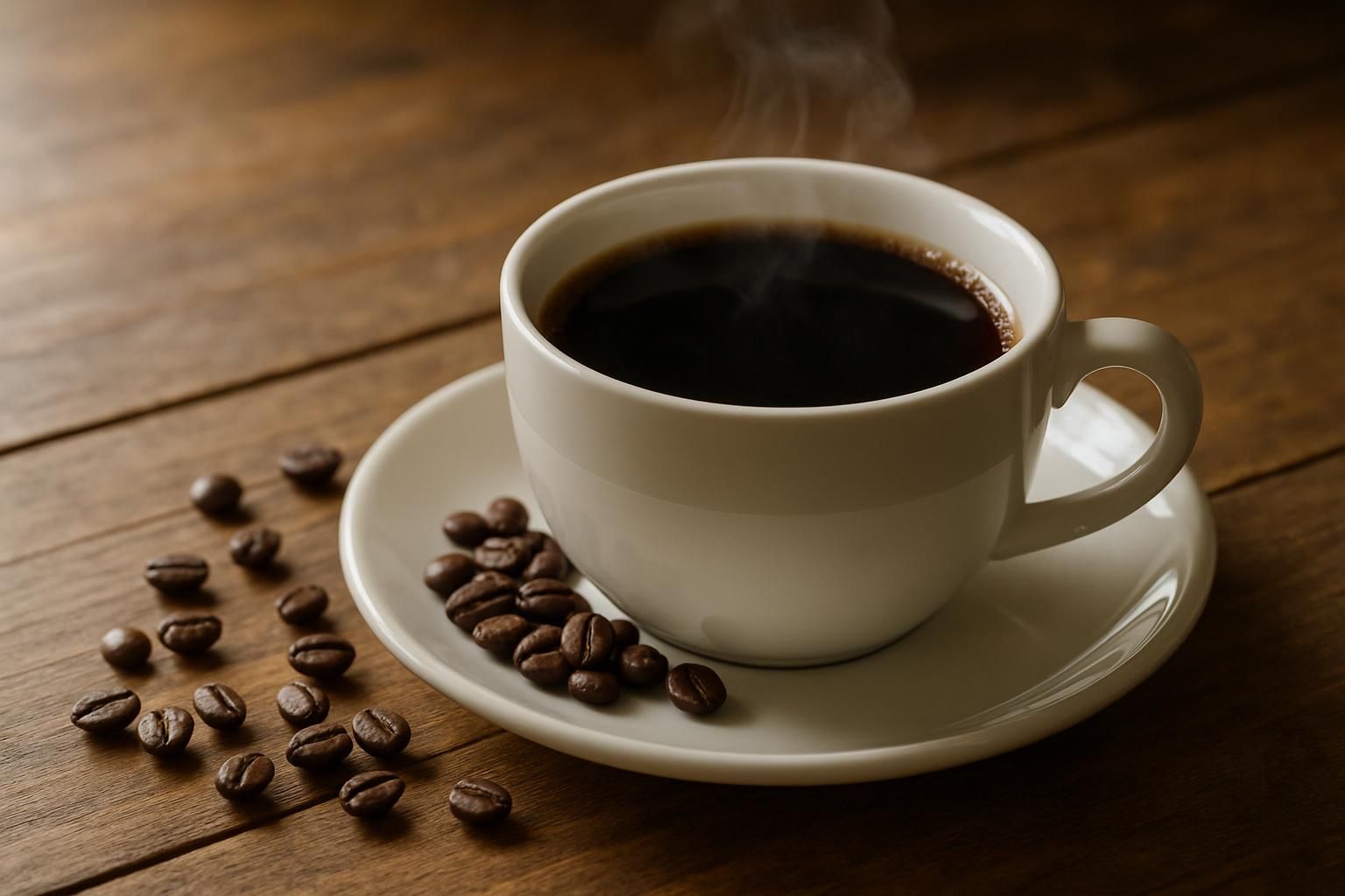 カップに注がれた濃いコーヒー、湯気の立つ深い色合いの一杯、そばに深煎り豆、木のテーブル、落ち着いた自然光