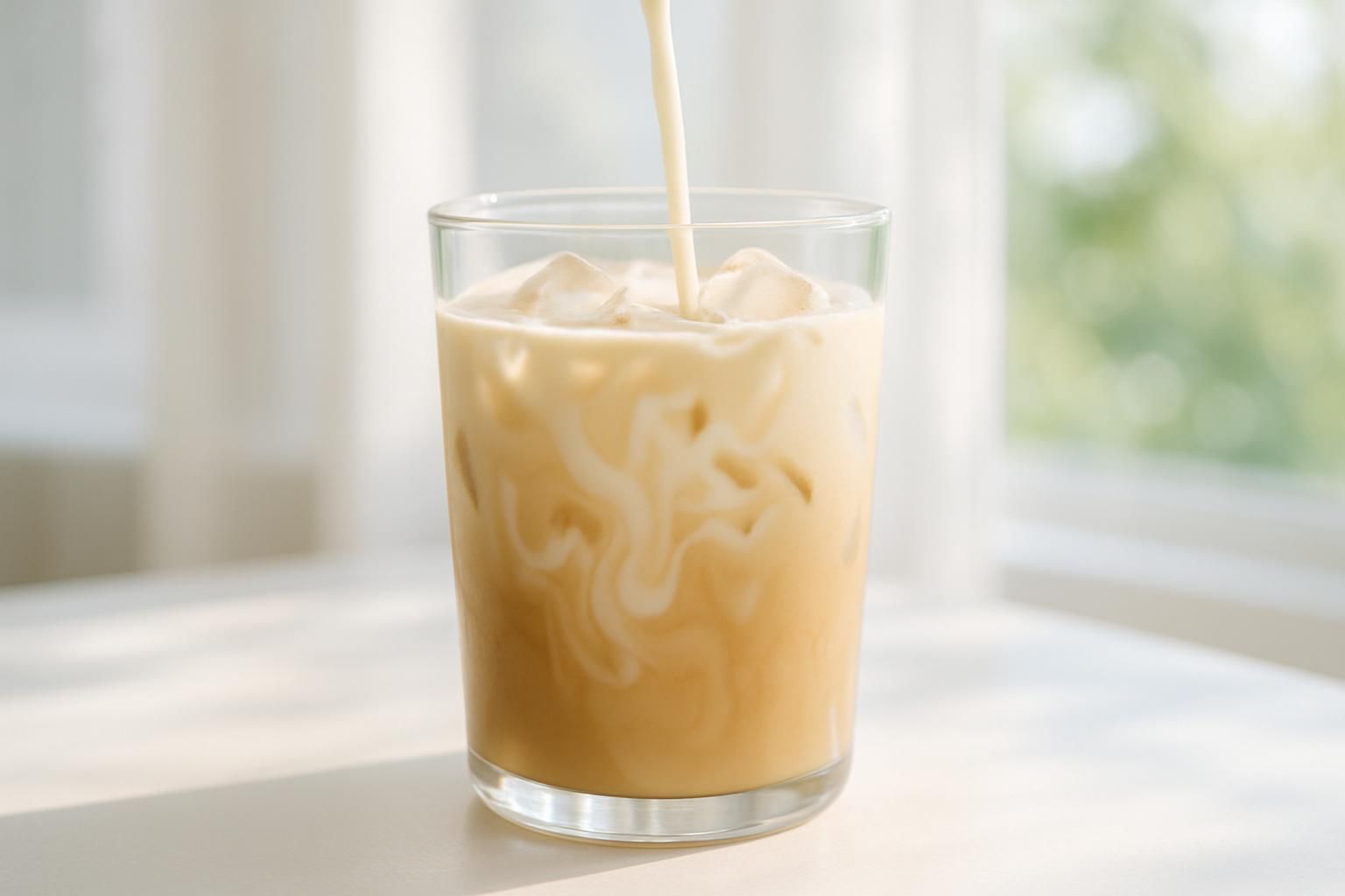 グラスに注がれた濃厚なミルクブリューコーヒー、やさしいミルク色、氷、明るく涼しげな自然光