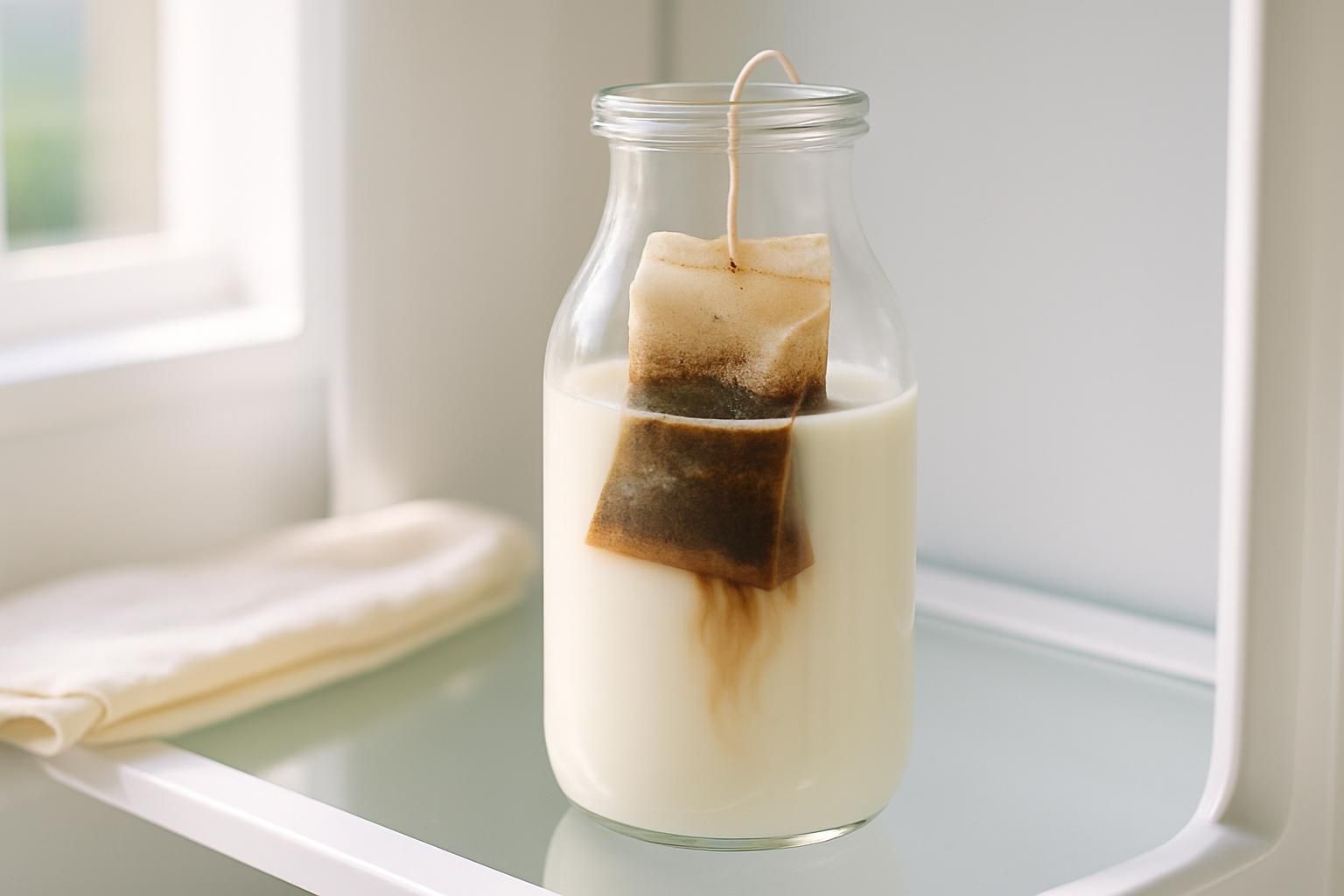 ガラス容器の牛乳にコーヒーの粉を入れたパックを浸して抽出している様子、冷蔵庫で作るミルクブリュー、明るい自然光