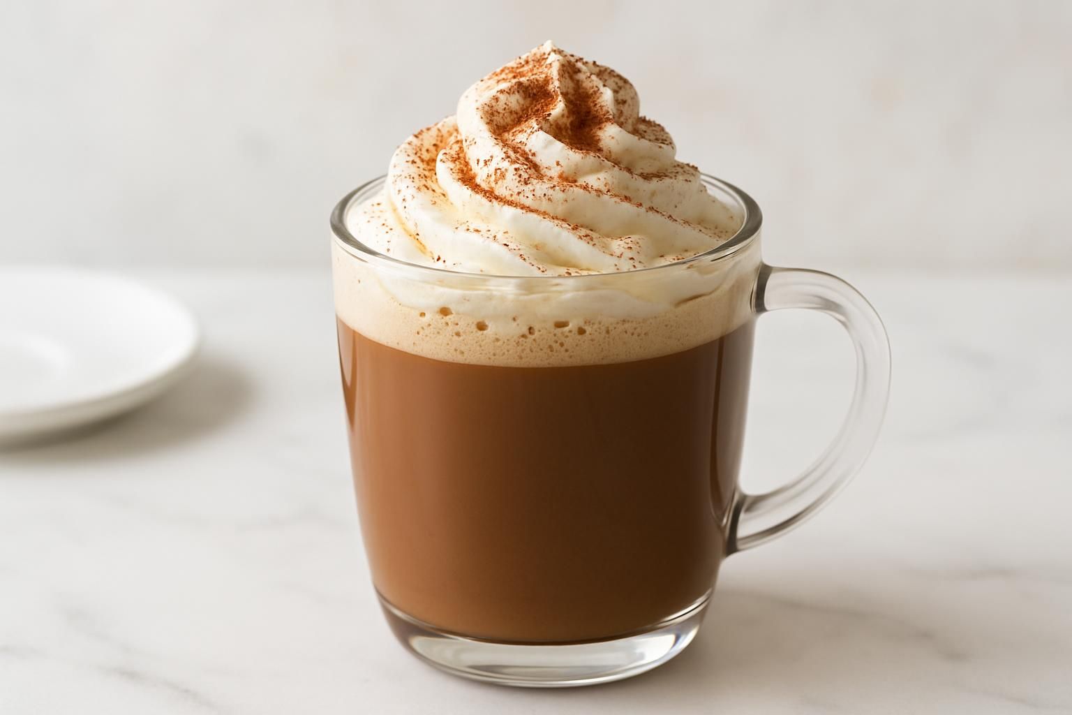 ホイップクリームとココアパウダーをのせたモカチーノのグラスの静物