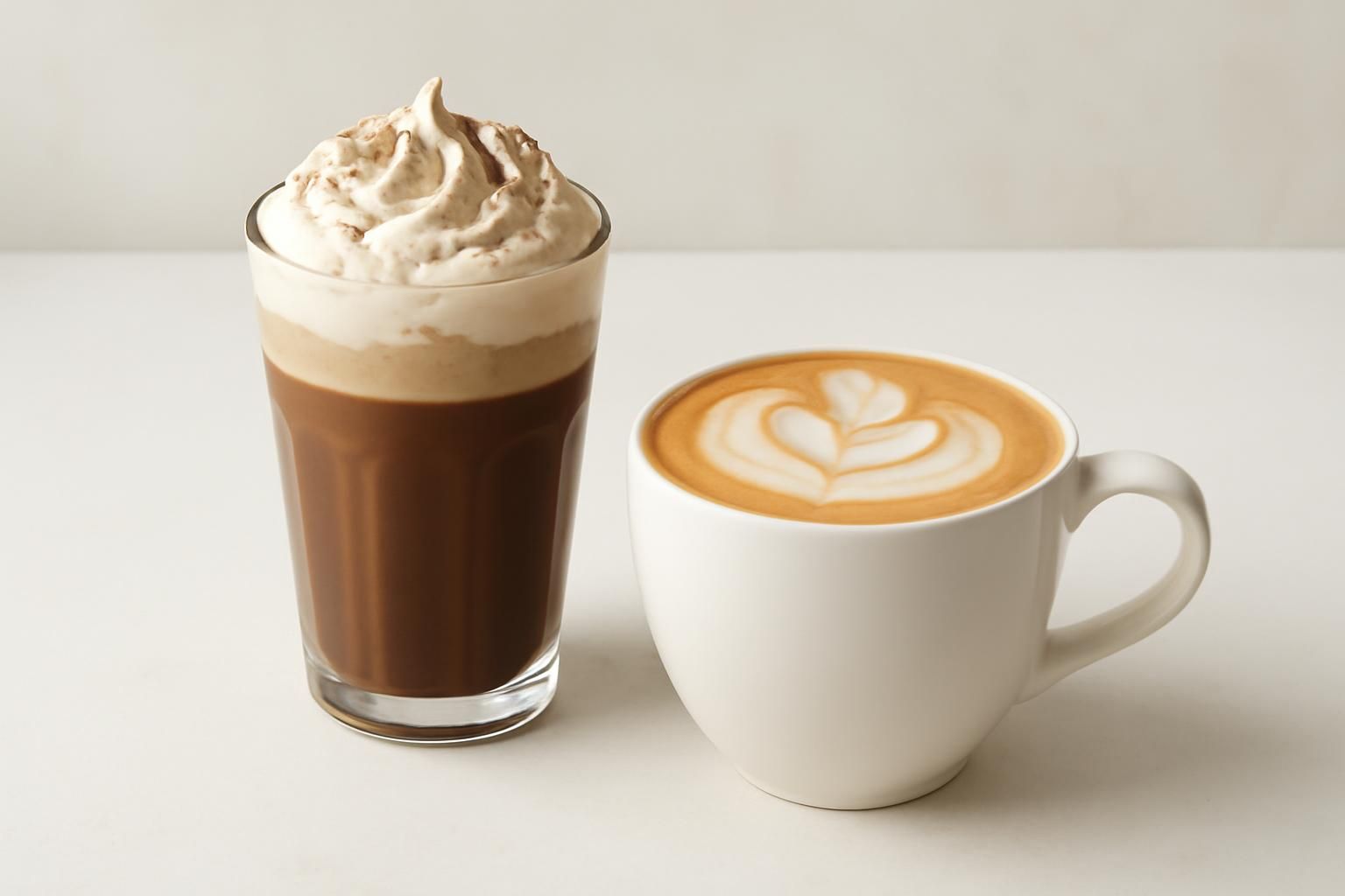 モカチーノとカプチーノを並べた静物。飲み物だけ