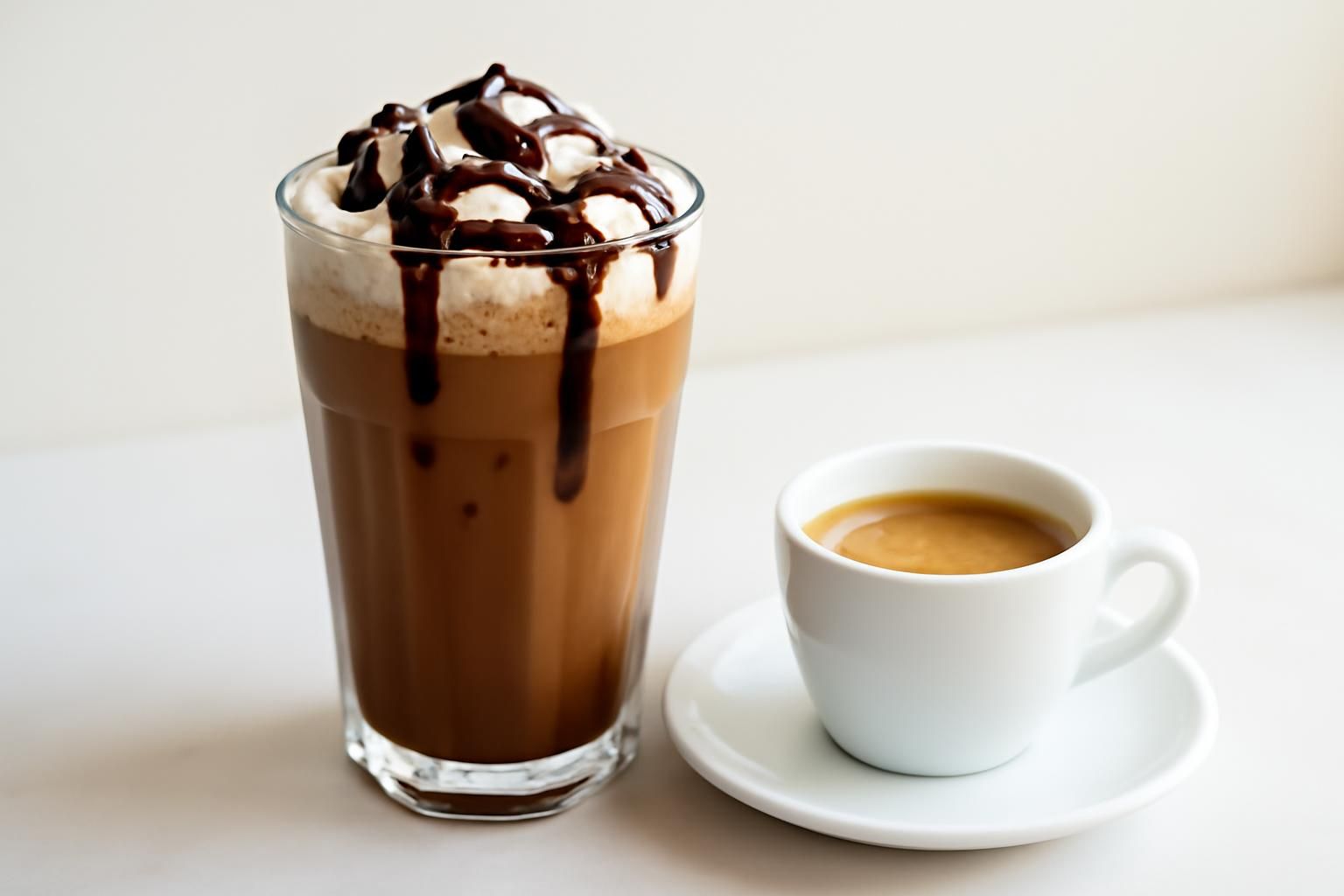 チョコレートソースをかけたモカチーノとエスプレッソの静物