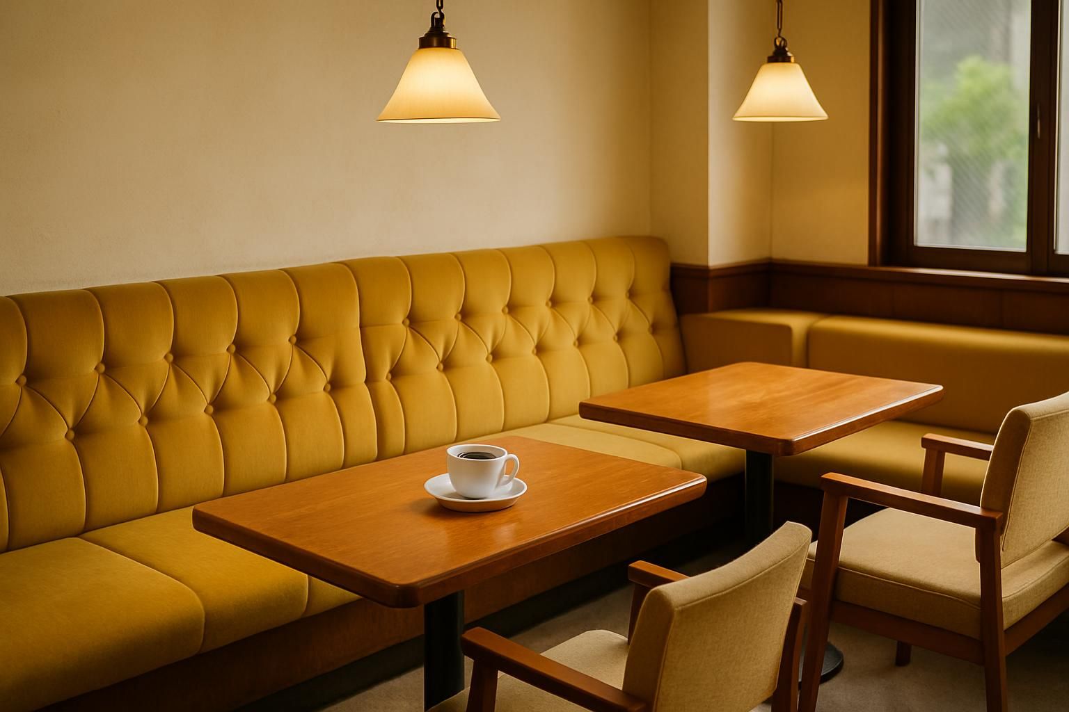昭和レトロな喫茶店の広いソファ席と木製テーブル、コーヒーカップ