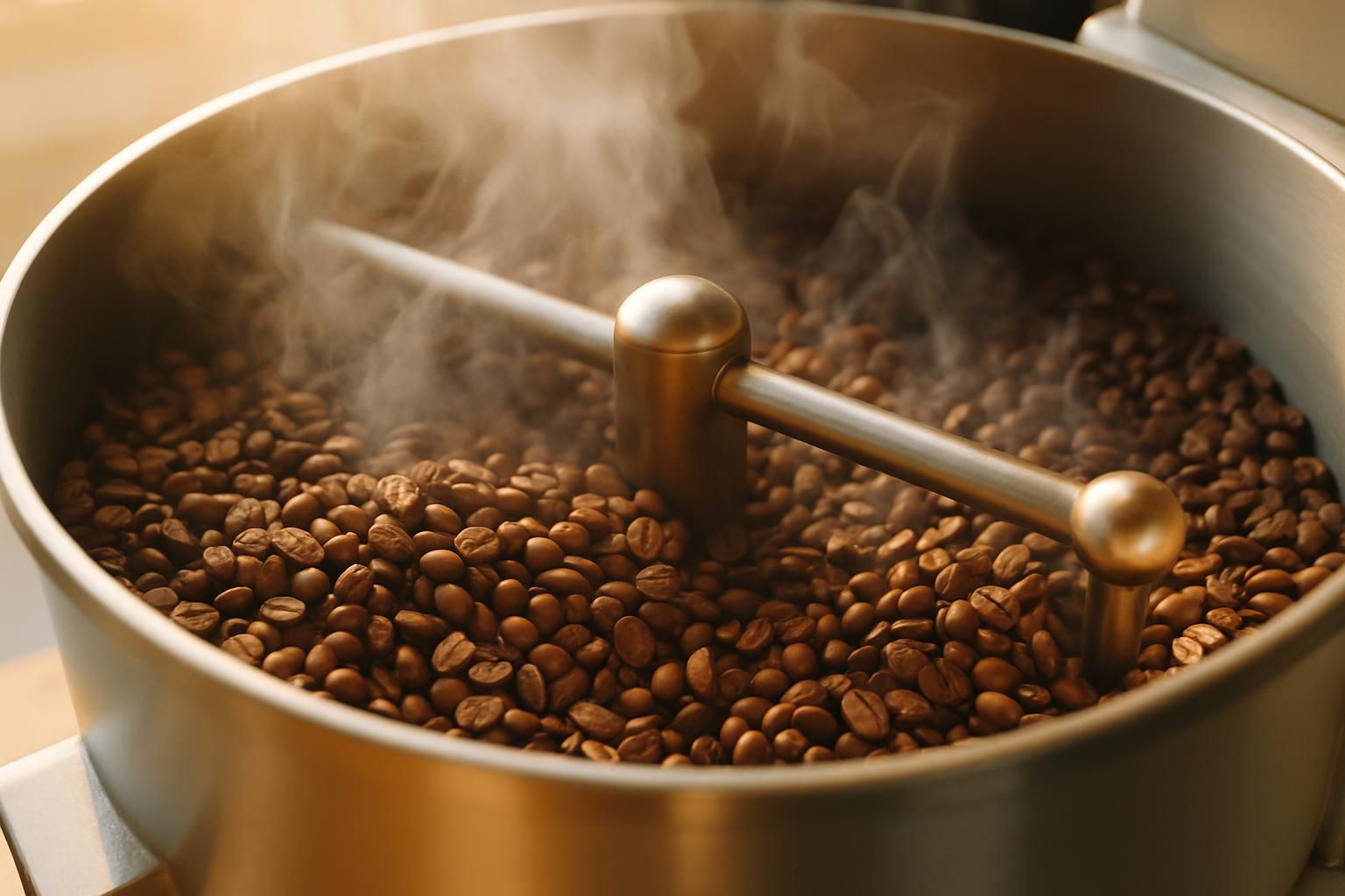 焙煎中のコーヒー豆、焙煎機の中で色づく豆、香ばしい湯気、暖色の光