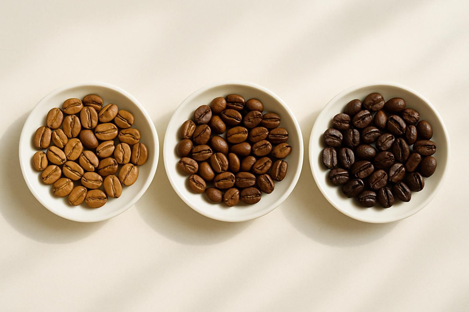 浅煎り・中煎り・深煎りのコーヒー豆を小皿に分けて色を比較、明るい茶色から濃い茶色へのグラデーション、俯瞰